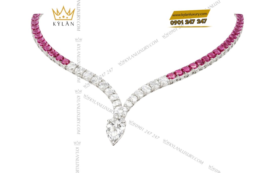 Dây chuyền vàng trắng Au750 đính kim cương và đá quý hồng