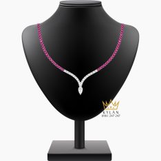 Dây chuyền vàng trắng Au750 đính kim cương và đá quý hồng