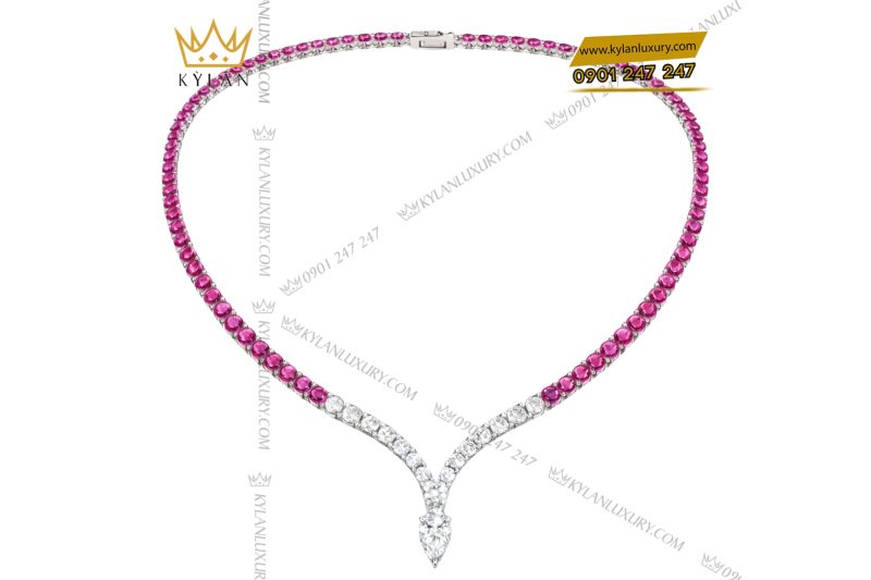 Dây chuyền vàng trắng Au750 đính kim cương và đá quý hồng