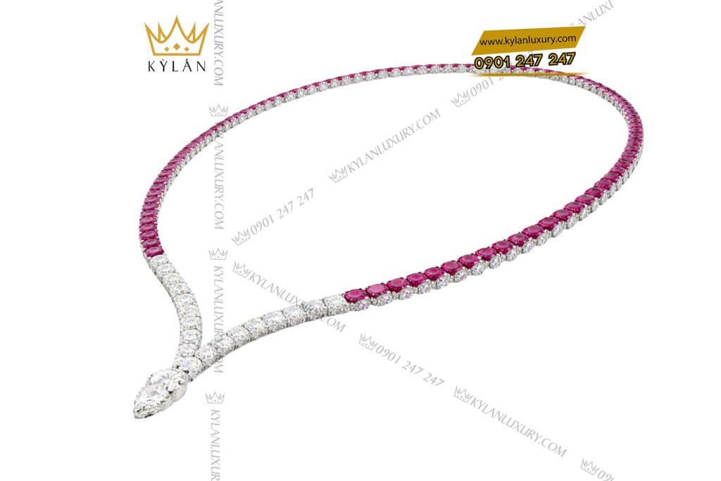 Dây chuyền vàng trắng Au750 đính kim cương và đá quý hồng