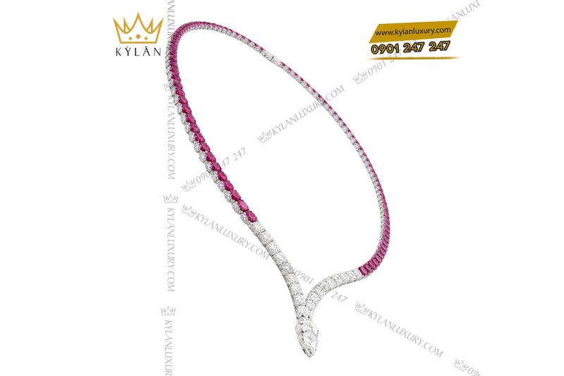 Dây chuyền vàng trắng Au750 đính kim cương và đá quý hồng