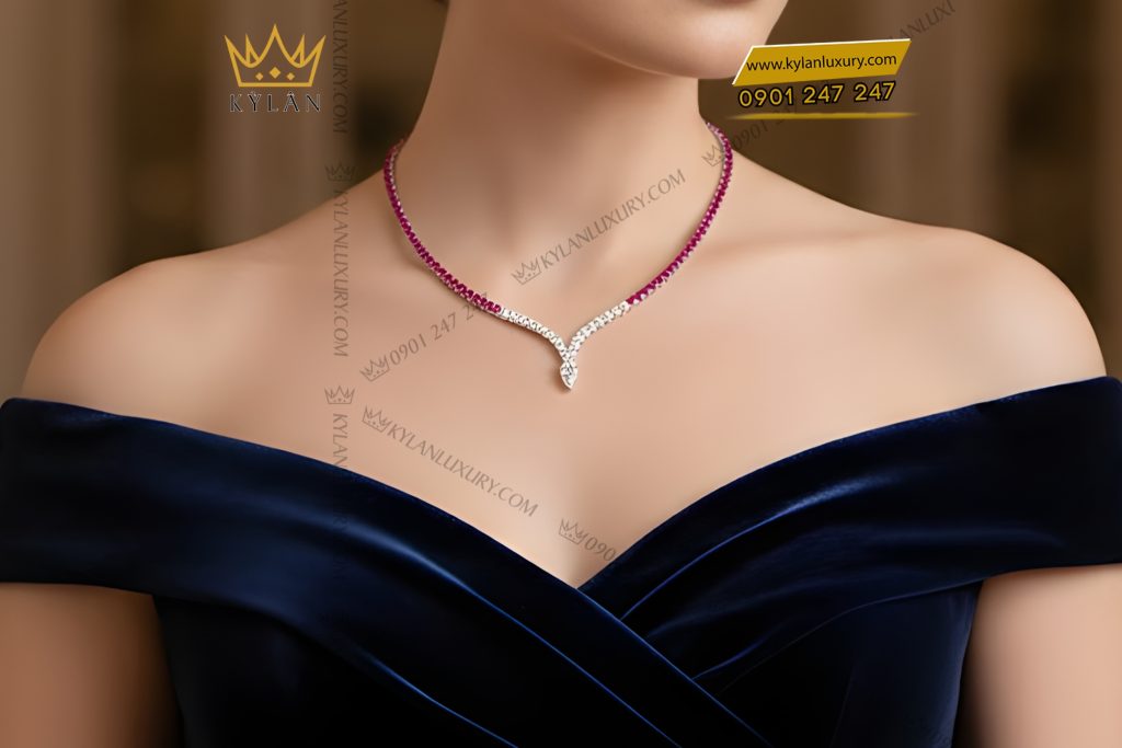 Dây chuyền vàng trắng Au750 đính kim cương và đá quý hồng