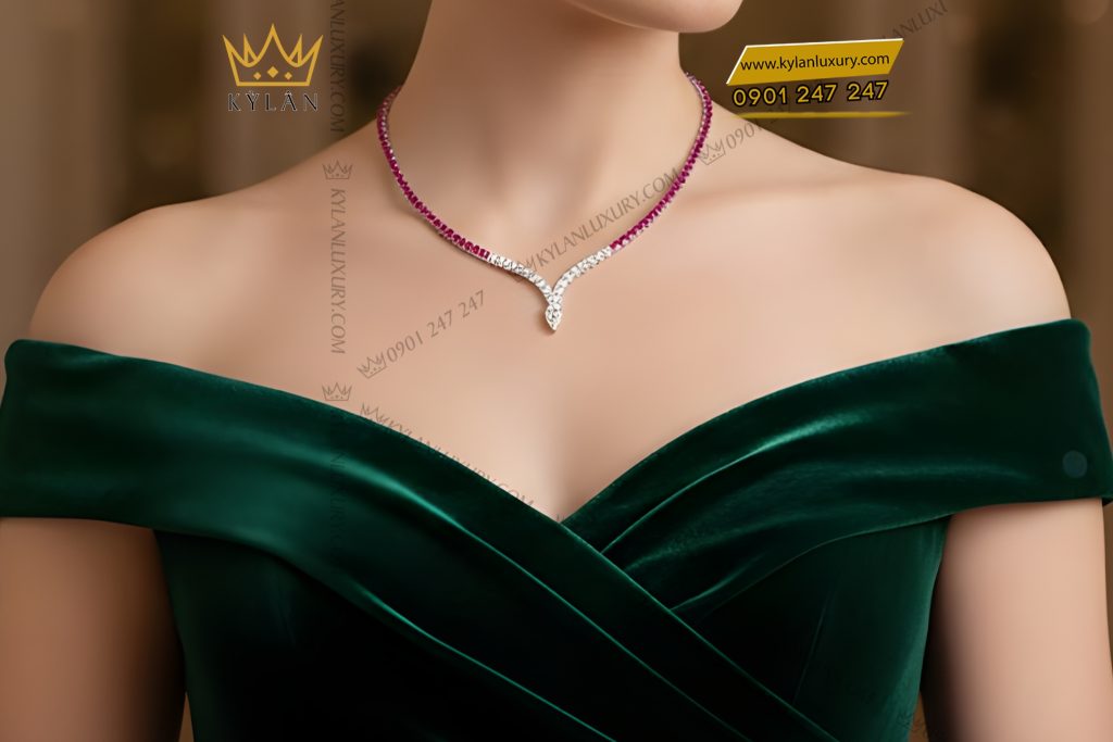 Dây chuyền vàng trắng Au750 đính kim cương và đá quý hồng