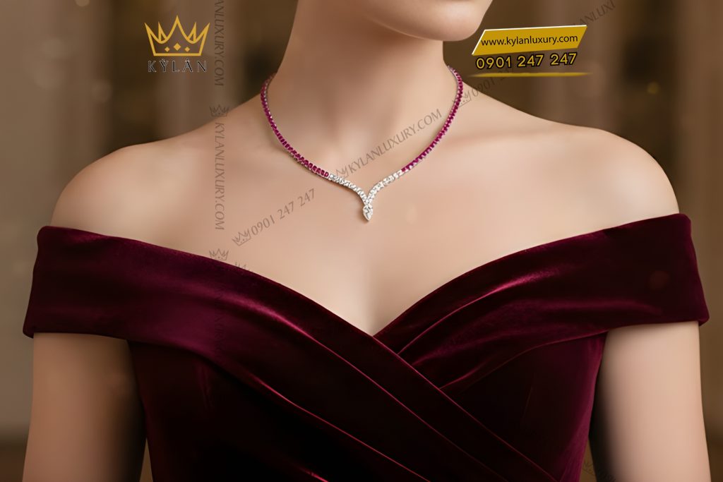 Dây chuyền vàng trắng Au750 đính kim cương và đá quý hồng