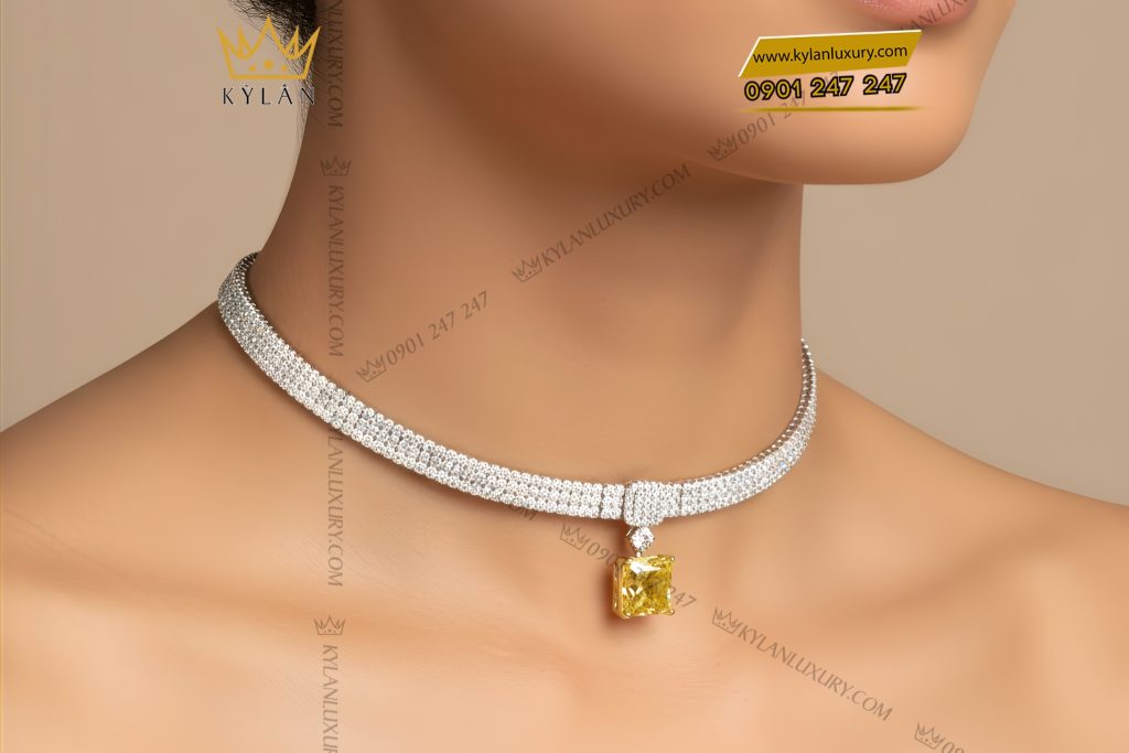 Kỳ Lân Luxury Day chuyen vang trang Au750 dinh kim cuong va da quy vang 11 Dây chuyền vàng trắng Au750 đính kim cương và đá quý vàng