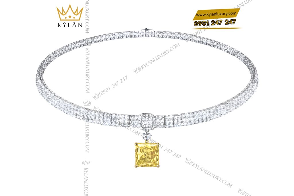 Dây chuyền vàng trắng Au750 đính kim cương và đá quý vàng