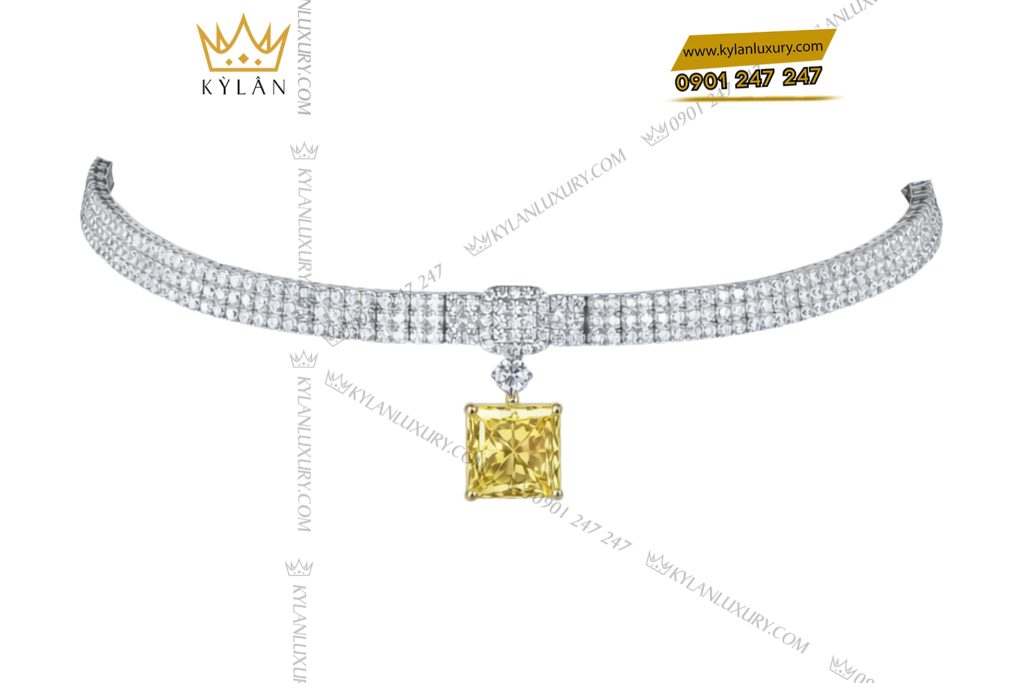 Dây chuyền vàng trắng Au750 đính kim cương và đá quý vàng