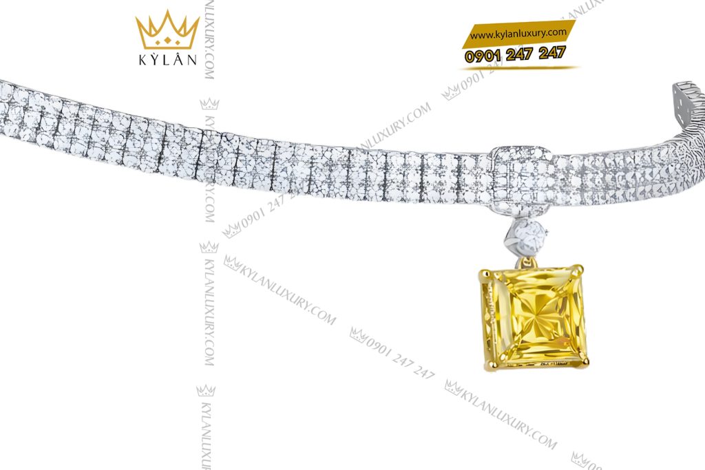 Dây chuyền vàng trắng Au750 đính kim cương và đá quý vàng