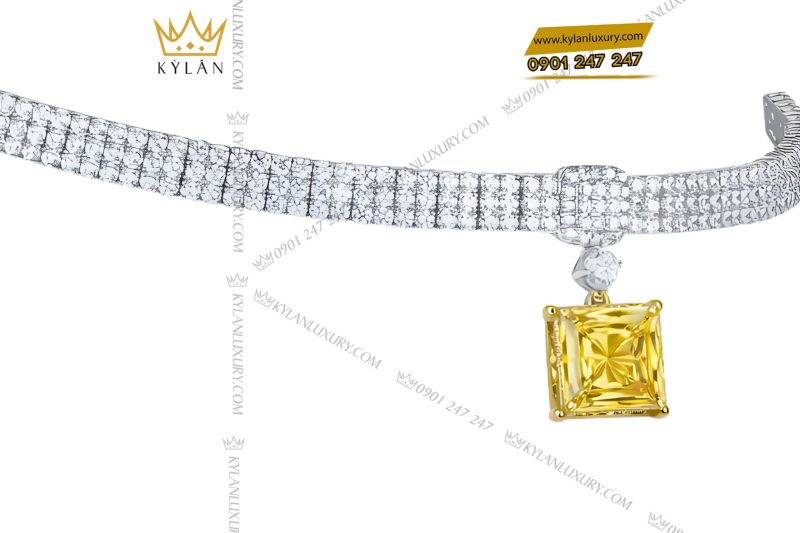 Dây chuyền vàng trắng Au750 đính kim cương và đá quý vàng