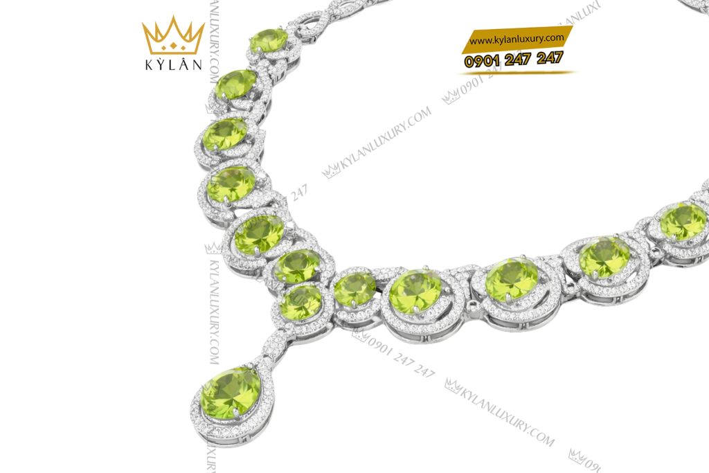 Dây chuyền vàng trắng Au750 đính kim cương và đá quý xanh