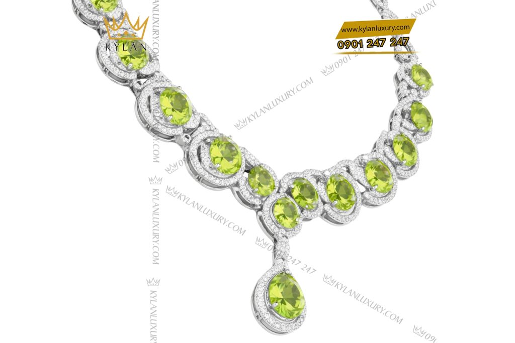 Dây chuyền vàng trắng Au750 đính kim cương và đá quý xanh