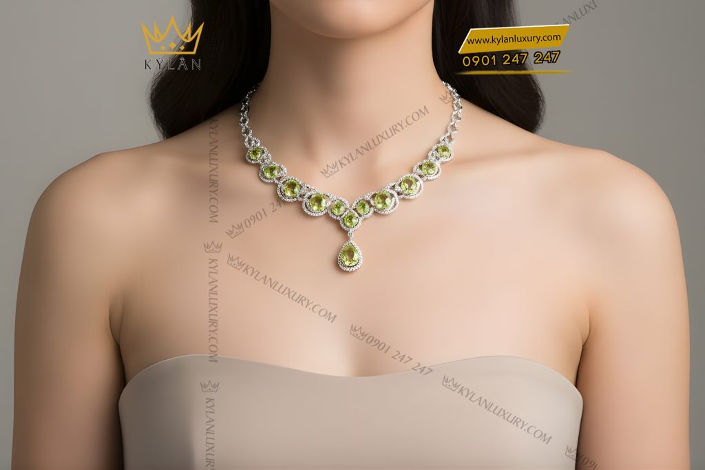 Dây chuyền vàng trắng Au750 đính kim cương và đá quý xanh