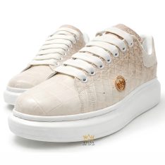 Giày bata da cá Alligator trắng đính logo vương miện vàng Au750 và kim cương