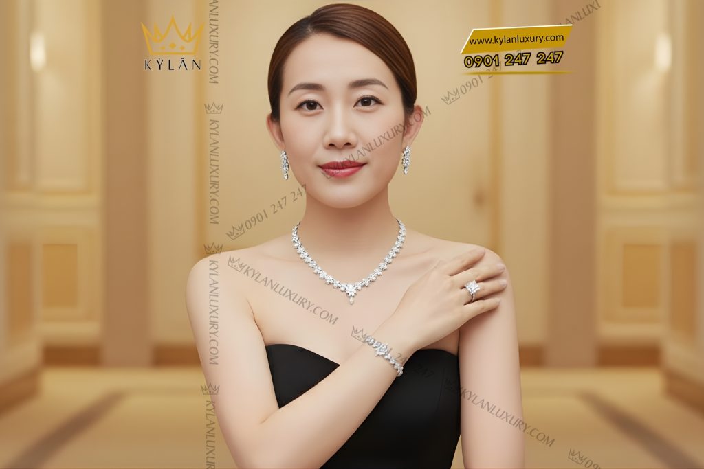 Kỳ Lân Luxury Lac tay vang trang Au750 dinh kim cuong 20 Lắc tay vàng trắng Au750 đính kim cương