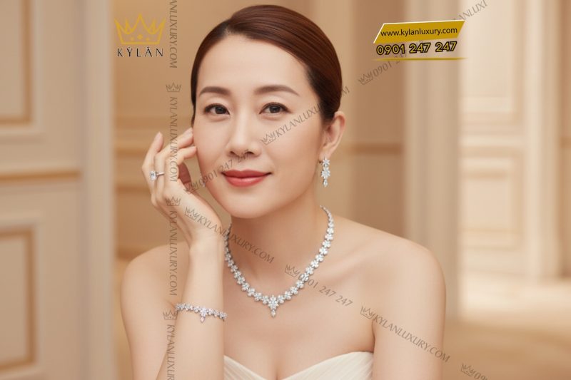 Lắc tay vàng trắng Au750 đính kim cương