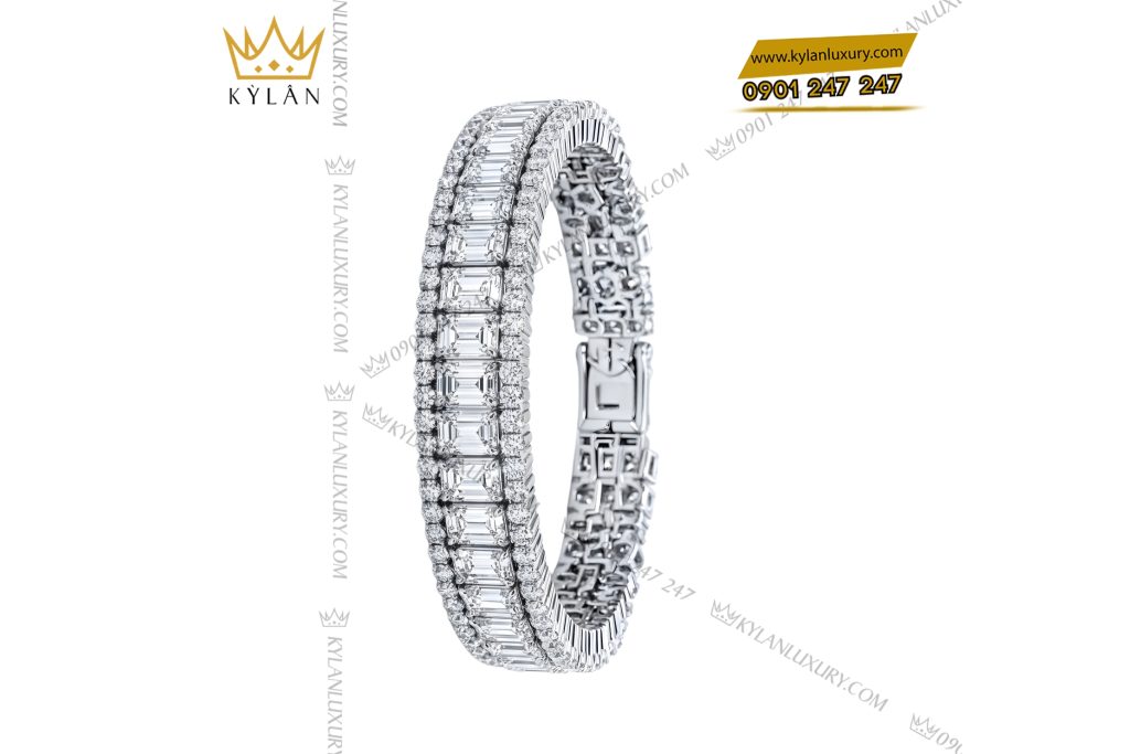 Lắc tay vàng trắng Au750 đính kim cương baguette