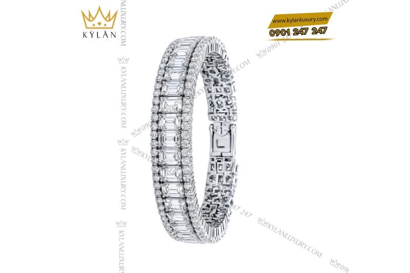 Lắc tay vàng trắng Au750 đính kim cương baguette