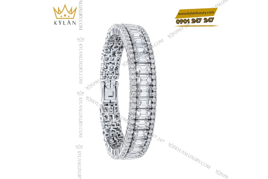 Kỳ Lân Luxury Lac tay vang trang Au750 dinh kim cuong baguette 5 Lắc tay vàng trắng Au750 đính kim cương baguette
