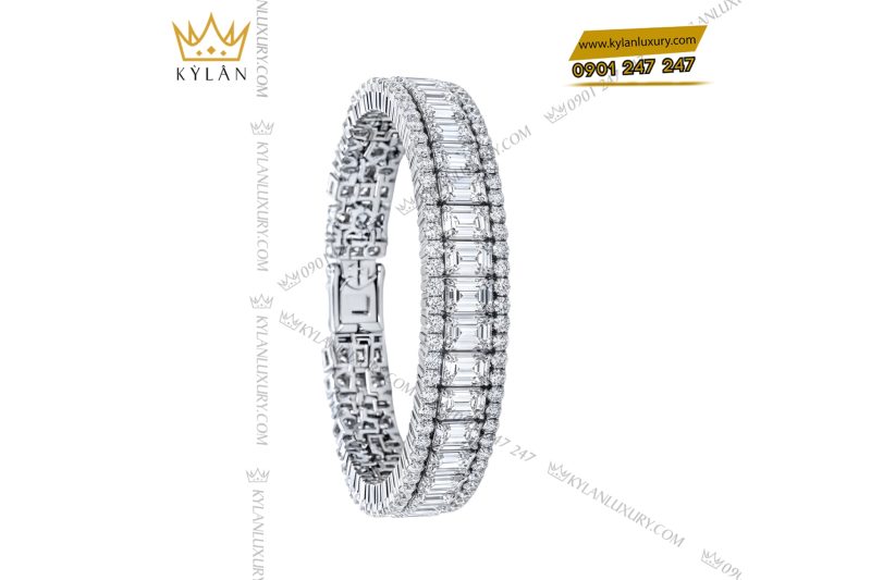 Lắc tay vàng trắng Au750 đính kim cương baguette