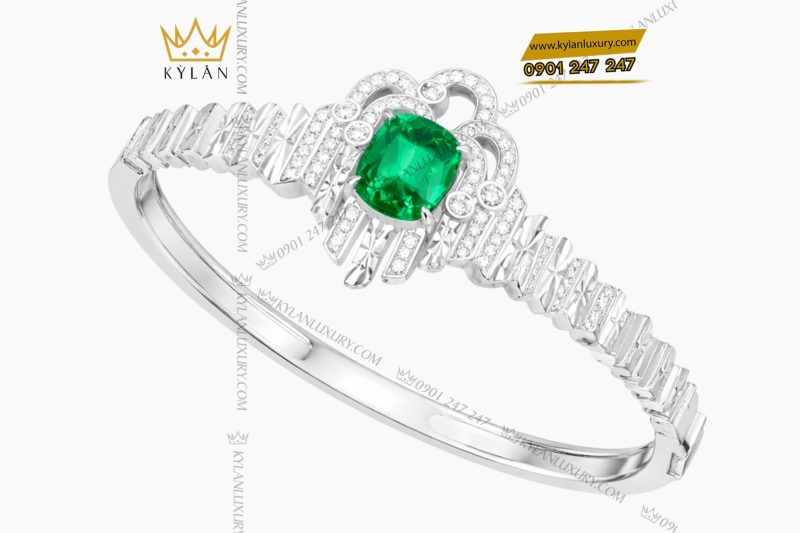 Lắc tay vàng trắng Au750 đính kim cương và đá ngọc lục bảo