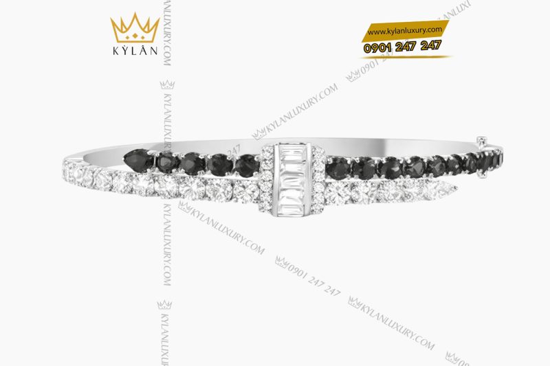 Lắc tay vàng trắng Au750 đính kim cương và đá quý đen