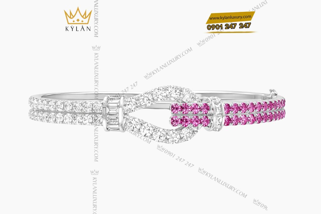 Lắc tay vàng trắng Au750 đính kim cương và đá quý hồng