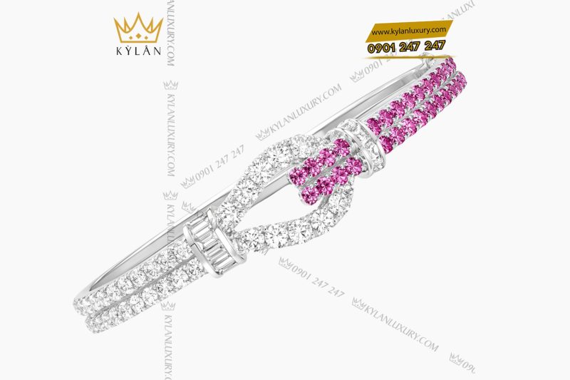 Lắc tay vàng trắng Au750 đính kim cương và đá quý hồng