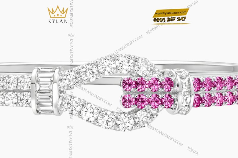 Lắc tay vàng trắng Au750 đính kim cương và đá quý hồng
