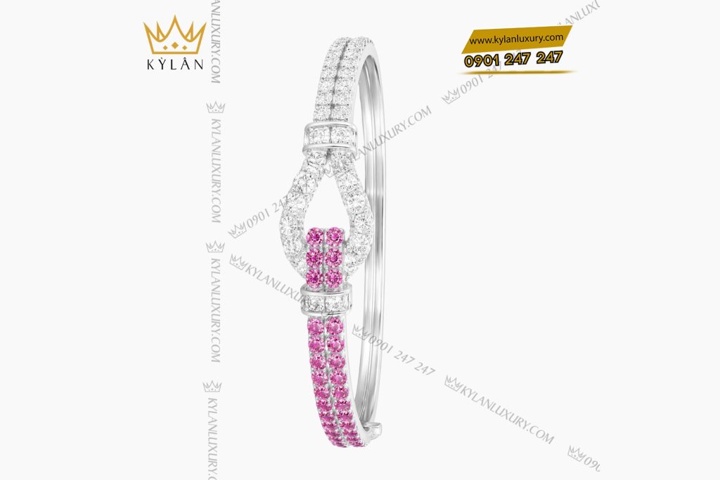 Lắc tay vàng trắng Au750 đính kim cương và đá quý hồng