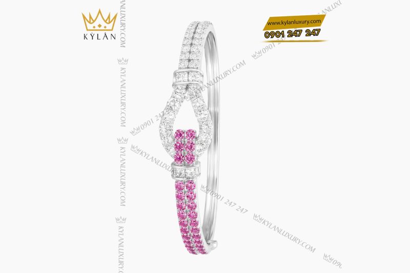 Lắc tay vàng trắng Au750 đính kim cương và đá quý hồng