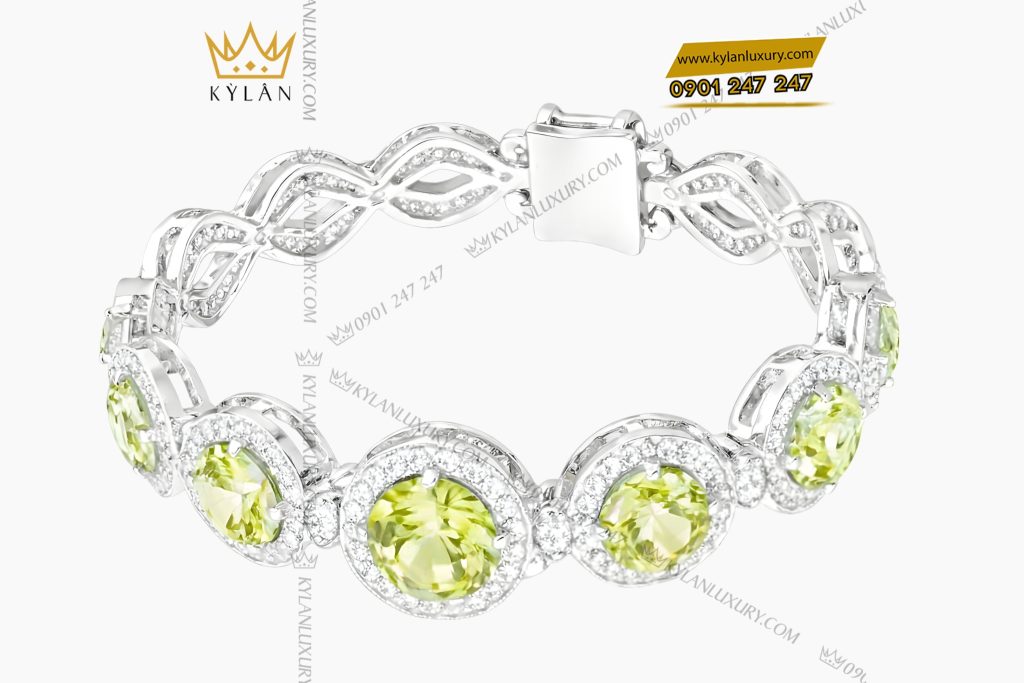 Kỳ Lân Luxury Lac tay vang trang Au750 dinh kim cuong va da quy xanh 6 Lắc tay vàng trắng Au750 đính kim cương và đá quý xanh 
