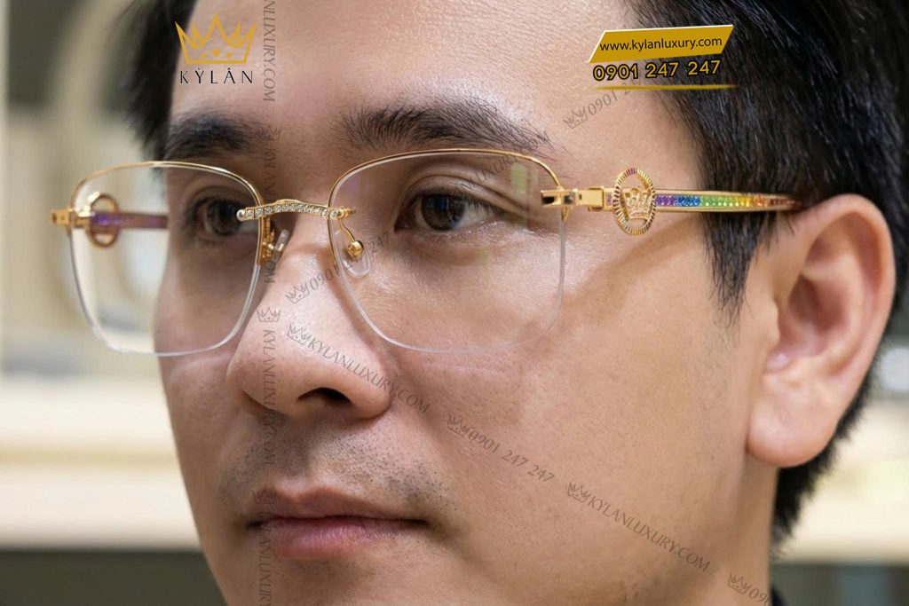 Kỳ Lân Luxury Mat kinh vang hong Au750 dinh kim cuong va da quy Rainbow 10 Mắt kính vàng hồng Au750 đính kim cương và đá quý Rainbow