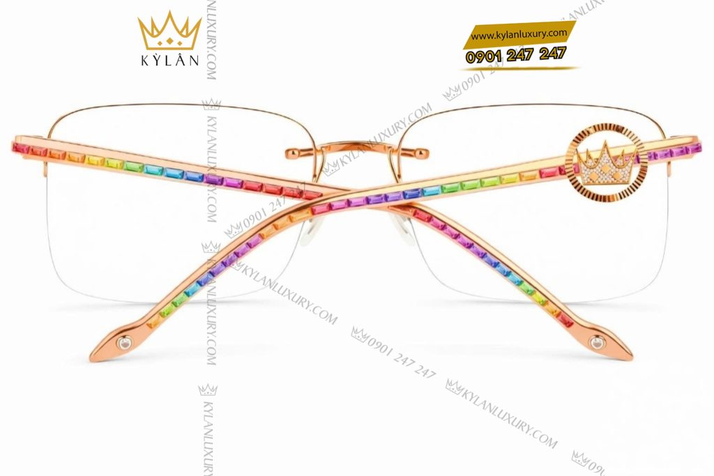 Kỳ Lân Luxury Mat kinh vang hong Au750 dinh kim cuong va da quy Rainbow 2 Mắt kính vàng hồng Au750 đính kim cương và đá quý Rainbow