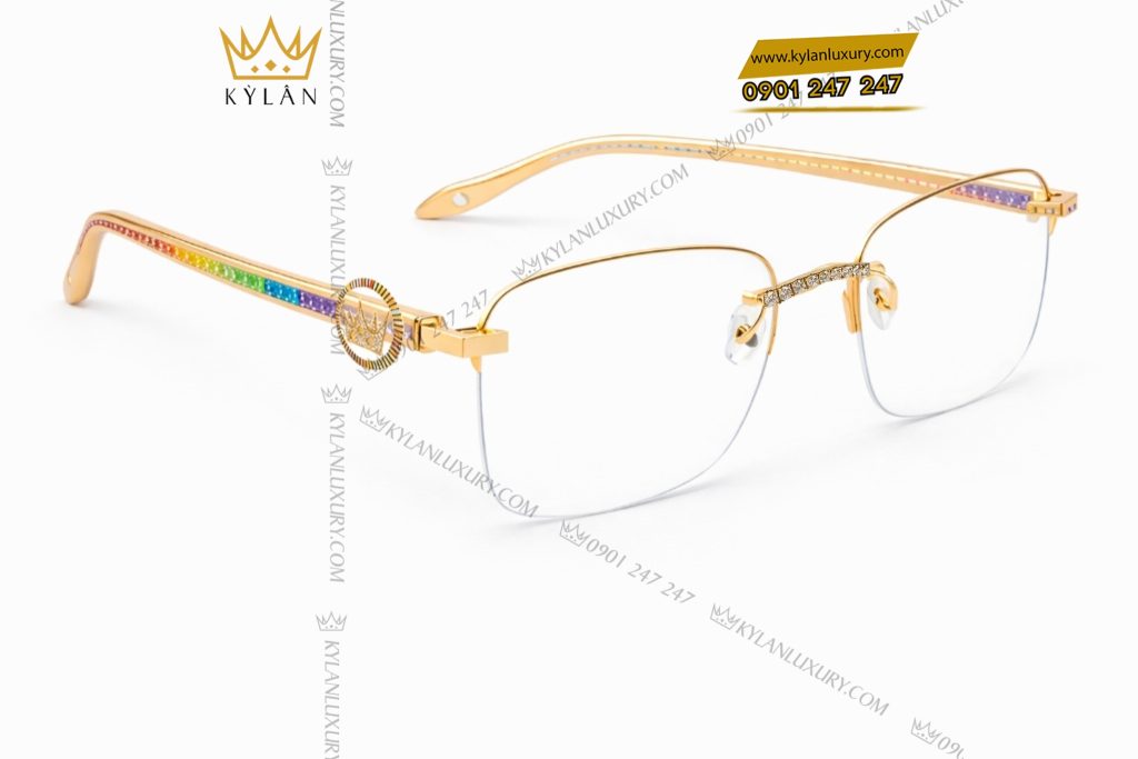 Mắt kính vàng hồng Au750 đính kim cương và đá quý Rainbow