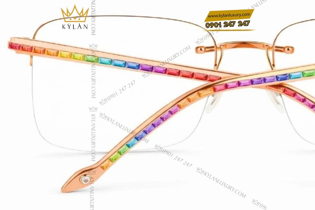 Mắt kính vàng hồng Au750 đính kim cương và đá quý Rainbow