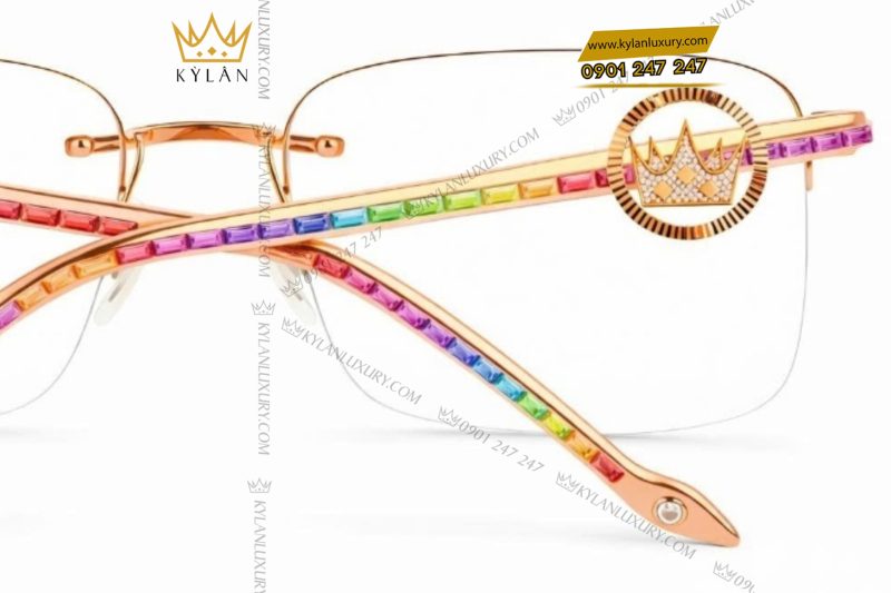 Mắt kính vàng hồng Au750 đính kim cương và đá quý Rainbow