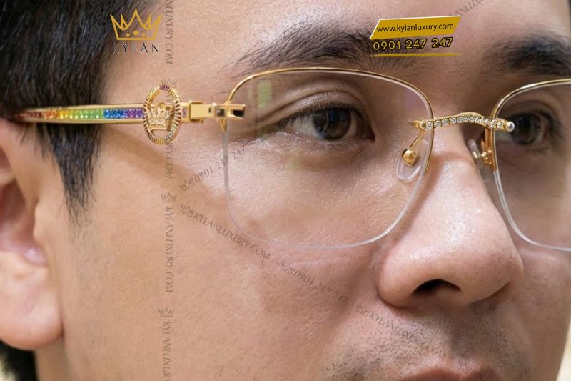 Mắt kính vàng hồng Au750 đính kim cương và đá quý Rainbow