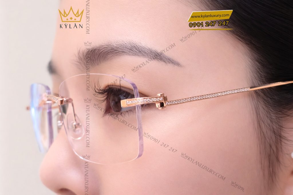 Mắt kính vàng hồng Au750 đính kim cương và viên chủ 3ly9