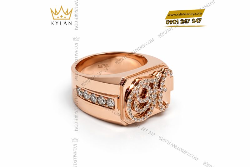 Nhẫn chữ H vàng hồng Au750 đính kim cương