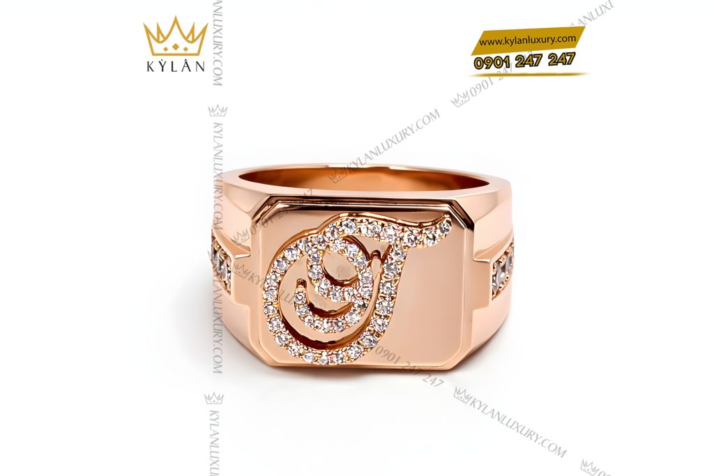 Nhẫn chữ T vàng hồng Au750 đính kim cương