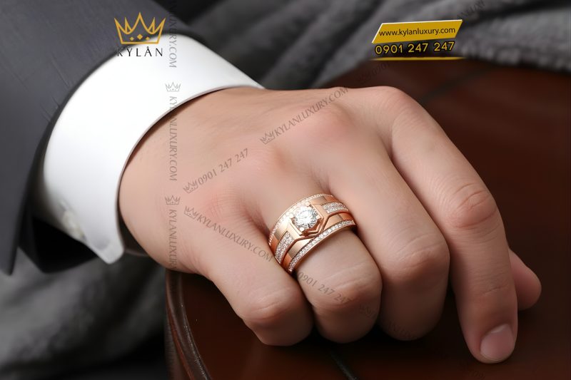 Nhẫn nam vàng hồng Au750 đính kim cương