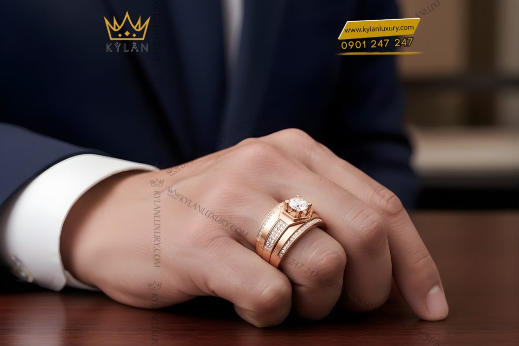 Nhẫn nam vàng hồng Au750 đính kim cương