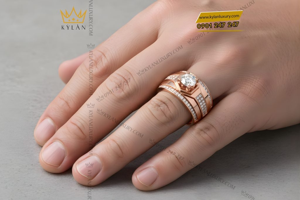 Nhẫn nam vàng hồng Au750 đính kim cương