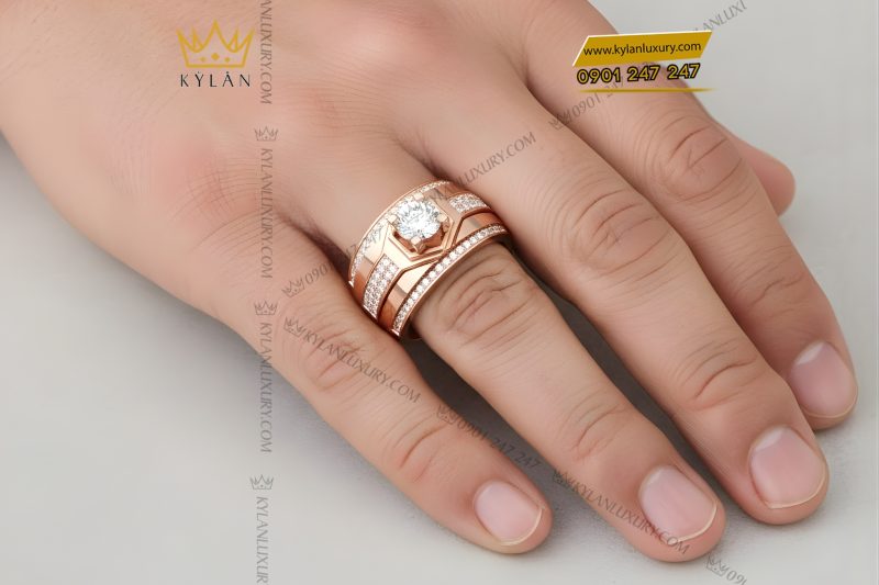 Nhẫn nam vàng hồng Au750 đính kim cương