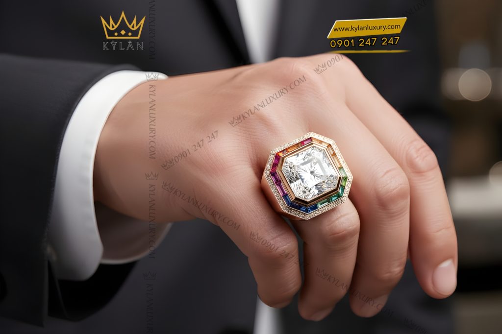 Nhẫn nam vàng hồng Au750 đính kim cương và đá quý Rainbow