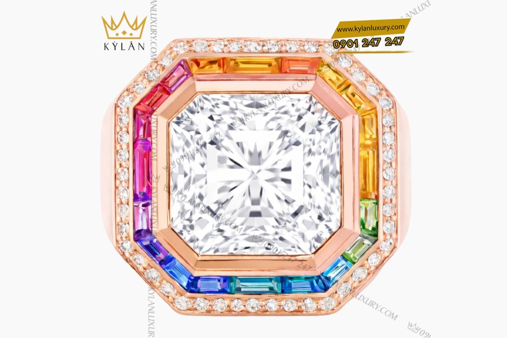 Nhẫn nam vàng hồng Au750 đính kim cương và đá quý Rainbow