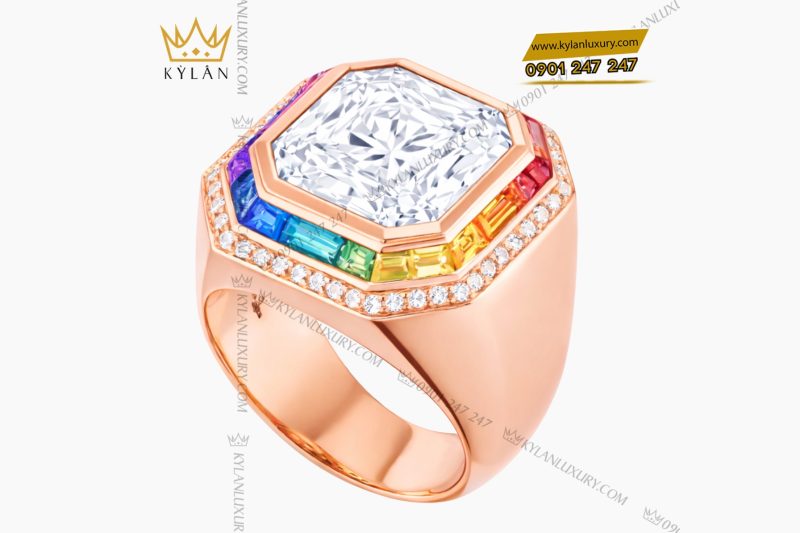 Nhẫn nam vàng hồng Au750 đính kim cương và đá quý Rainbow
