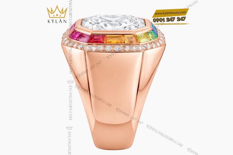 Nhẫn nam vàng hồng Au750 đính kim cương và đá quý Rainbow