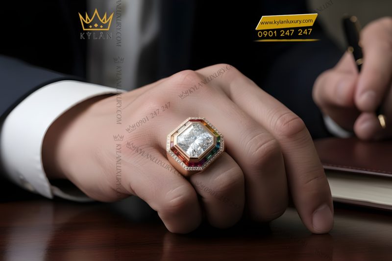 Nhẫn nam vàng hồng Au750 đính kim cương và đá quý Rainbow