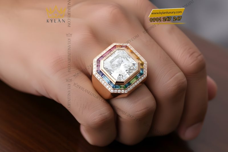 Nhẫn nam vàng hồng Au750 đính kim cương và đá quý Rainbow